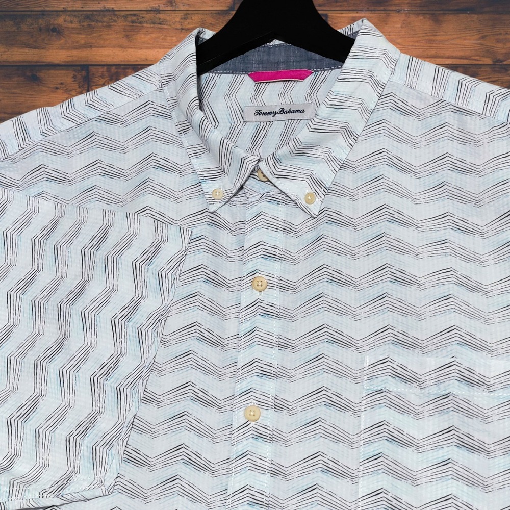 Tommy Bahama Mens Seersucker Button Up Shirt Size‎ XXL AOP Short Sleeve Preppy